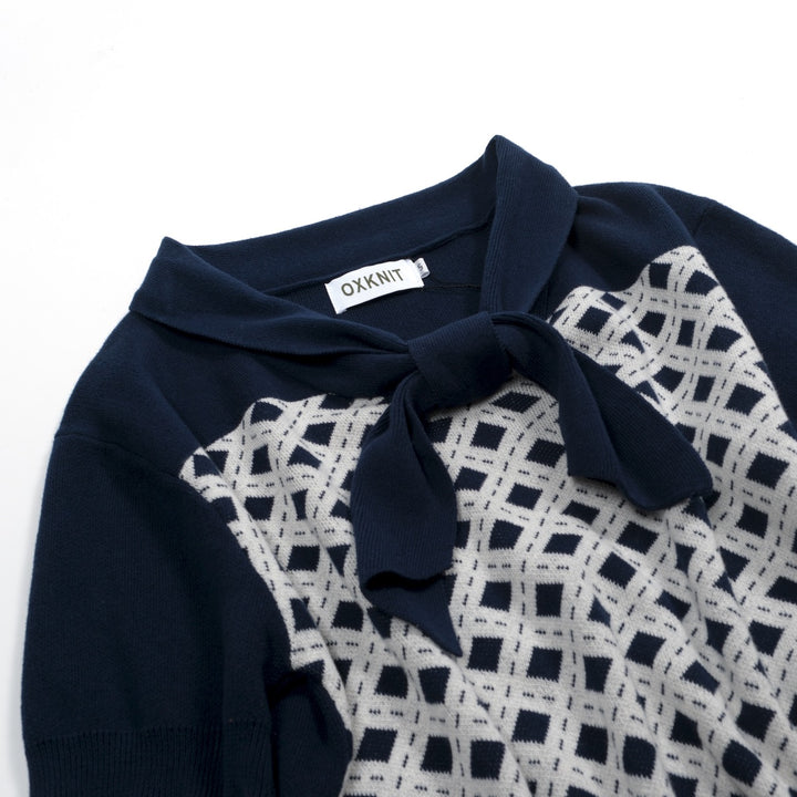 Women's dark blue vintage knit jacquard strappy T-shirt