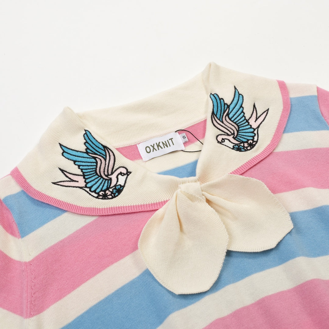 Women's pink striped vintage embroidery lace-up knit T-shirt