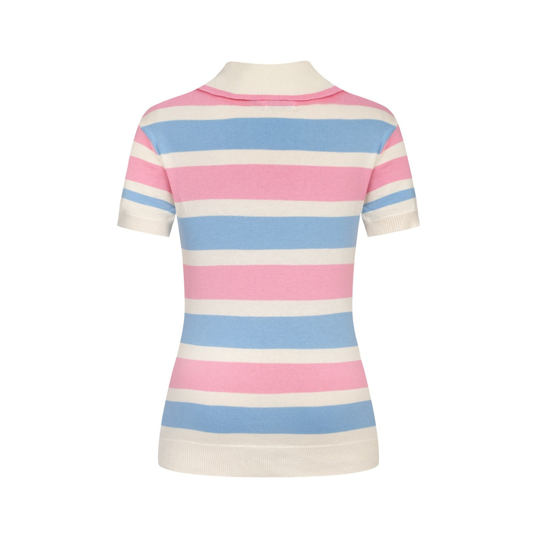 Women's pink striped vintage embroidery lace-up knit T-shirt