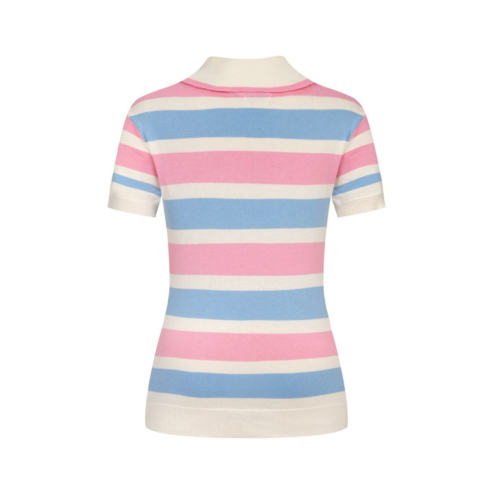Women's pink striped vintage embroidery lace-up knit T-shirt