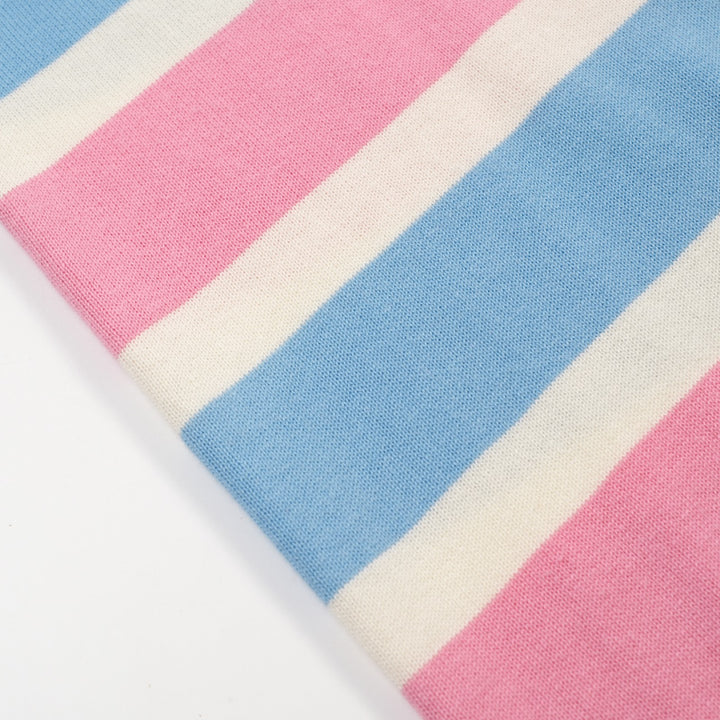 Women's pink striped vintage embroidery lace-up knit T-shirt
