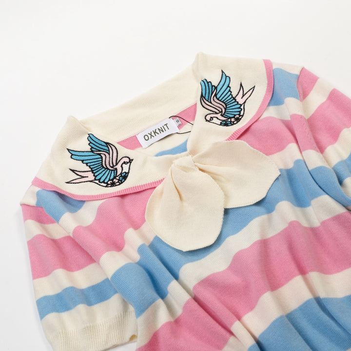 Women's pink striped vintage embroidery lace-up knit T-shirt