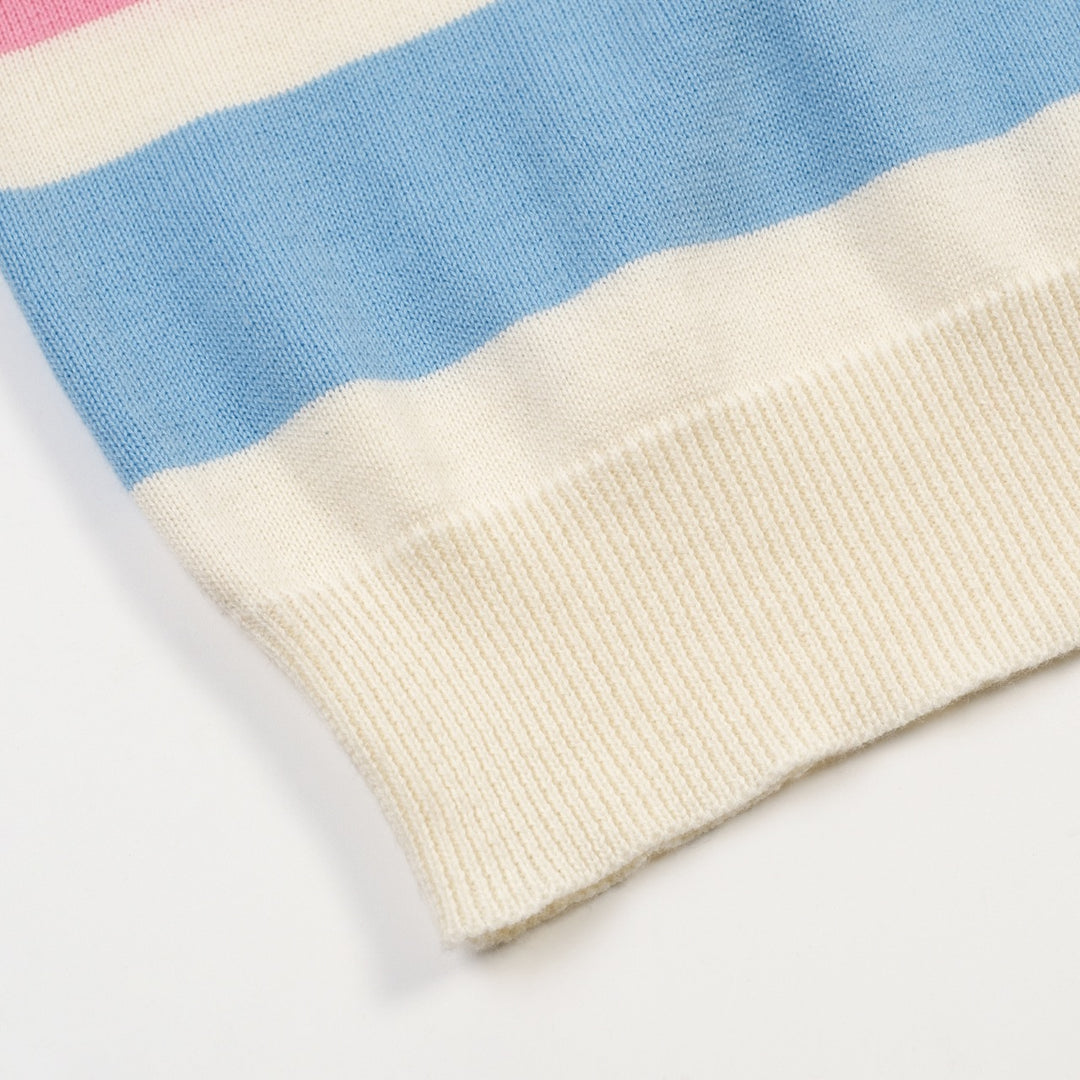 Women's pink striped vintage embroidery lace-up knit T-shirt