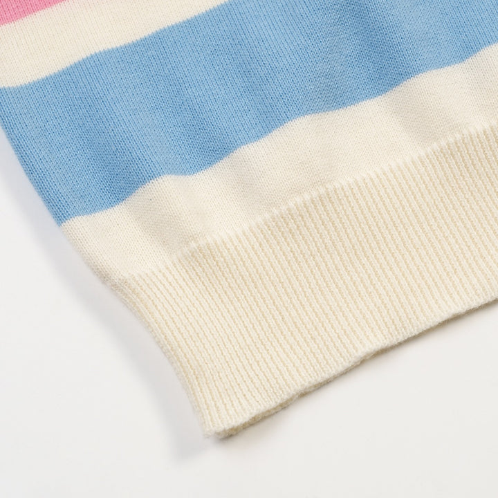 Women's pink striped vintage embroidery lace-up knit T-shirt