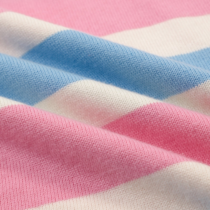 Women's pink striped vintage embroidery lace-up knit T-shirt