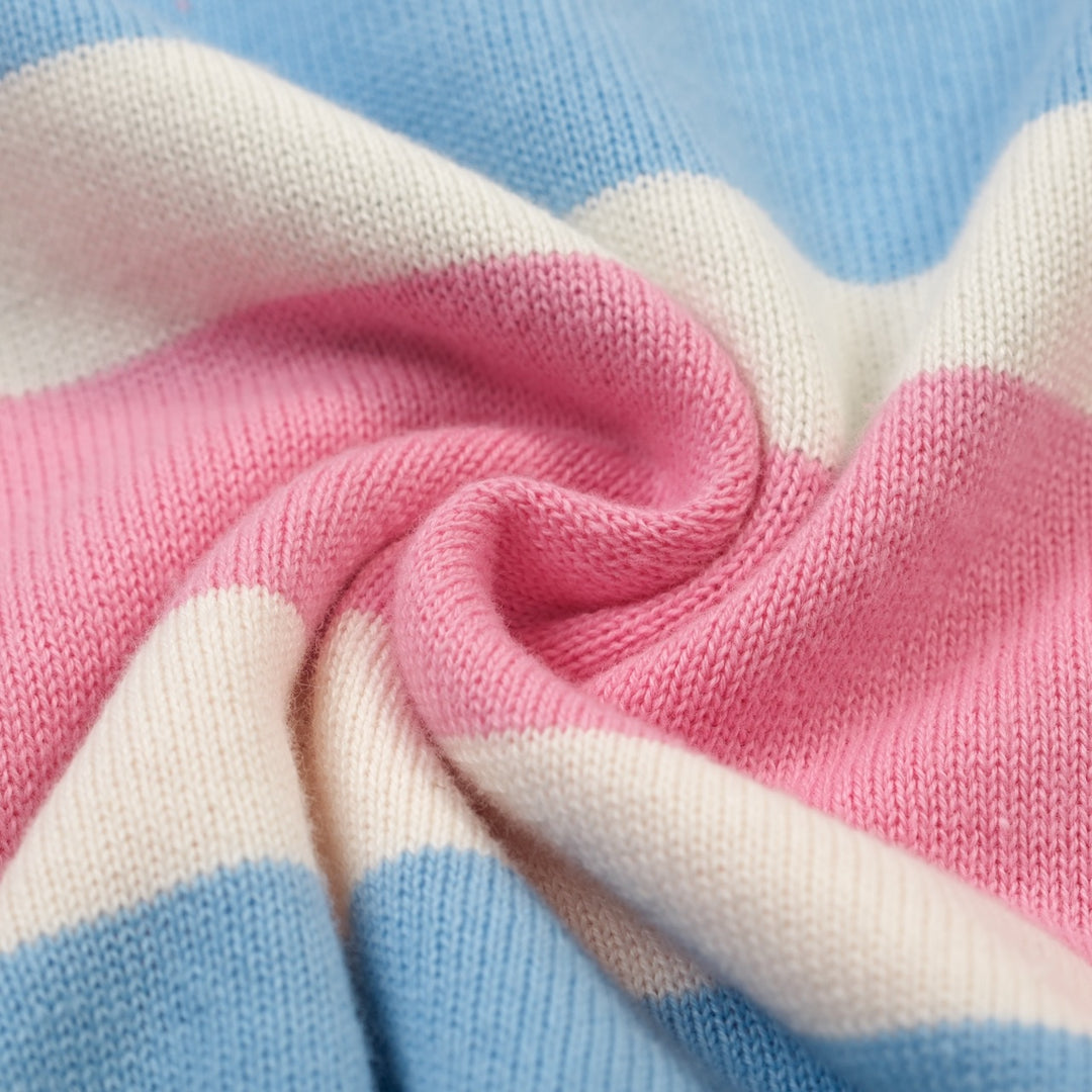 Women's pink striped vintage embroidery lace-up knit T-shirt