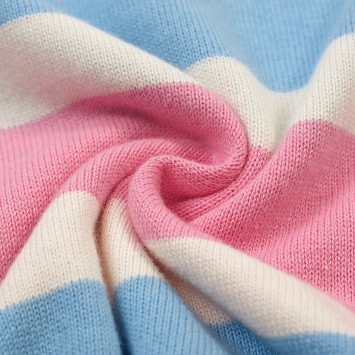 Women's pink striped vintage embroidery lace-up knit T-shirt