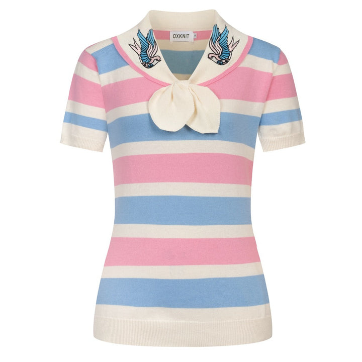 Women's pink striped vintage embroidery lace-up knit T-shirt