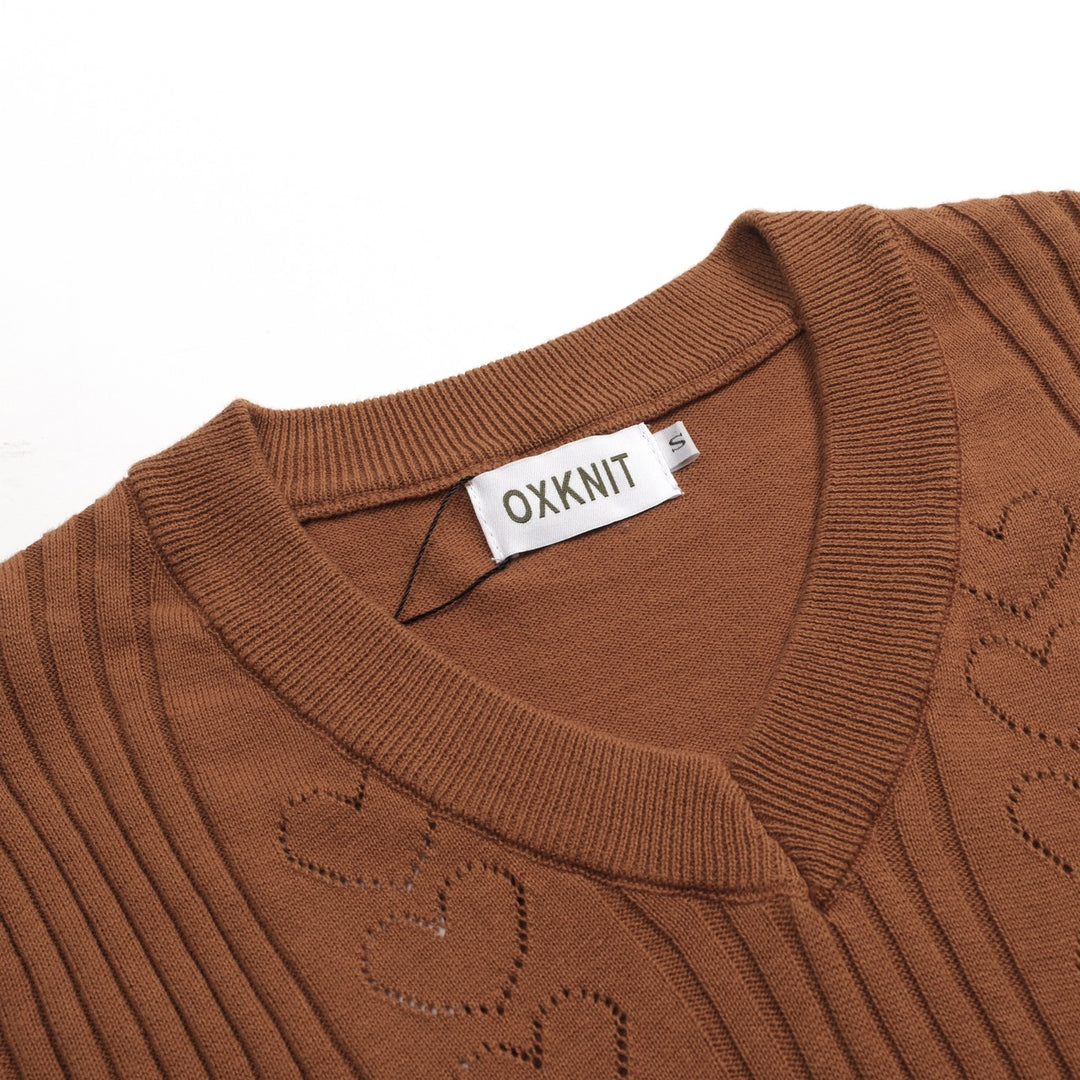 Women's brown vintage textured knit V-neck T-shirt