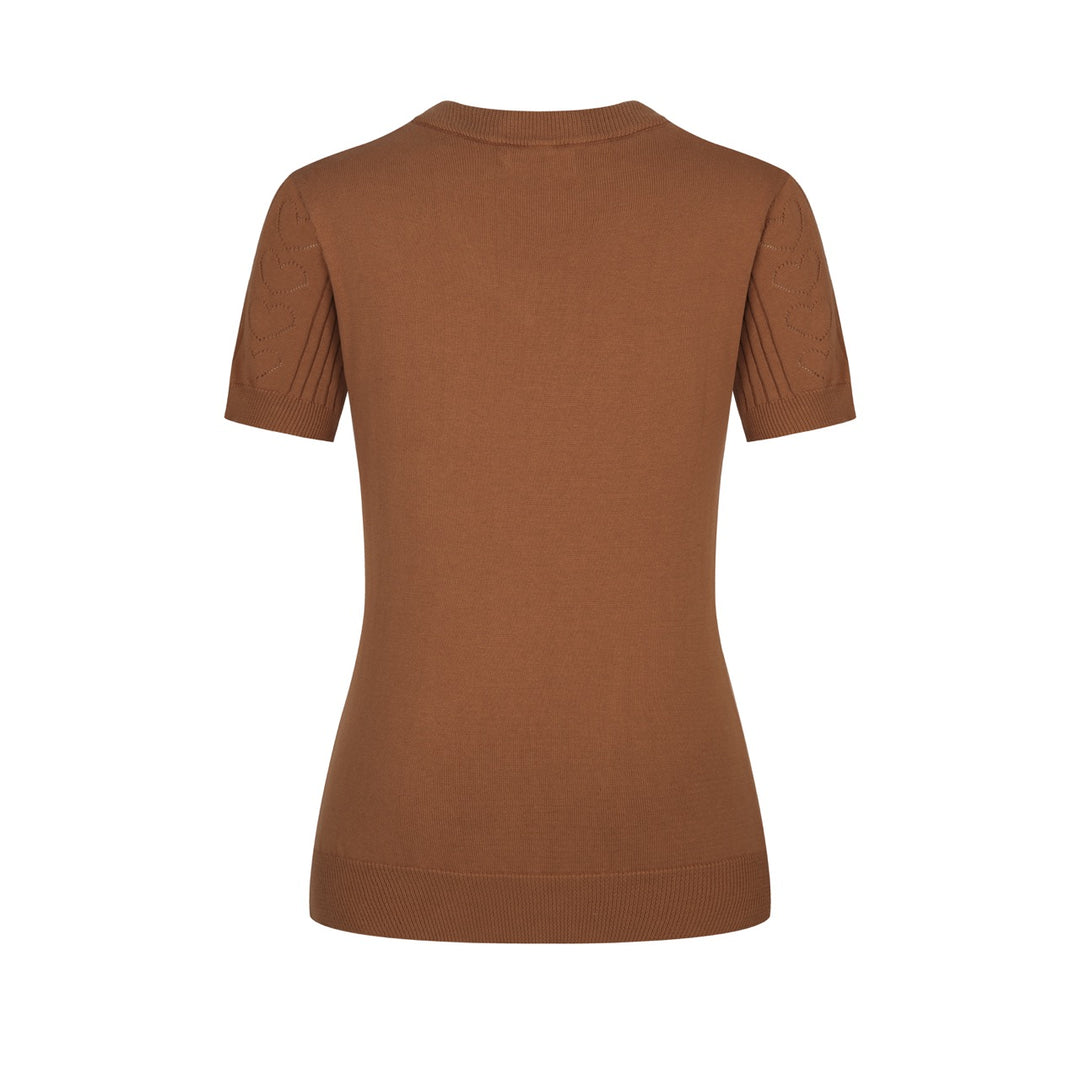 Women's brown vintage textured knit V-neck T-shirt