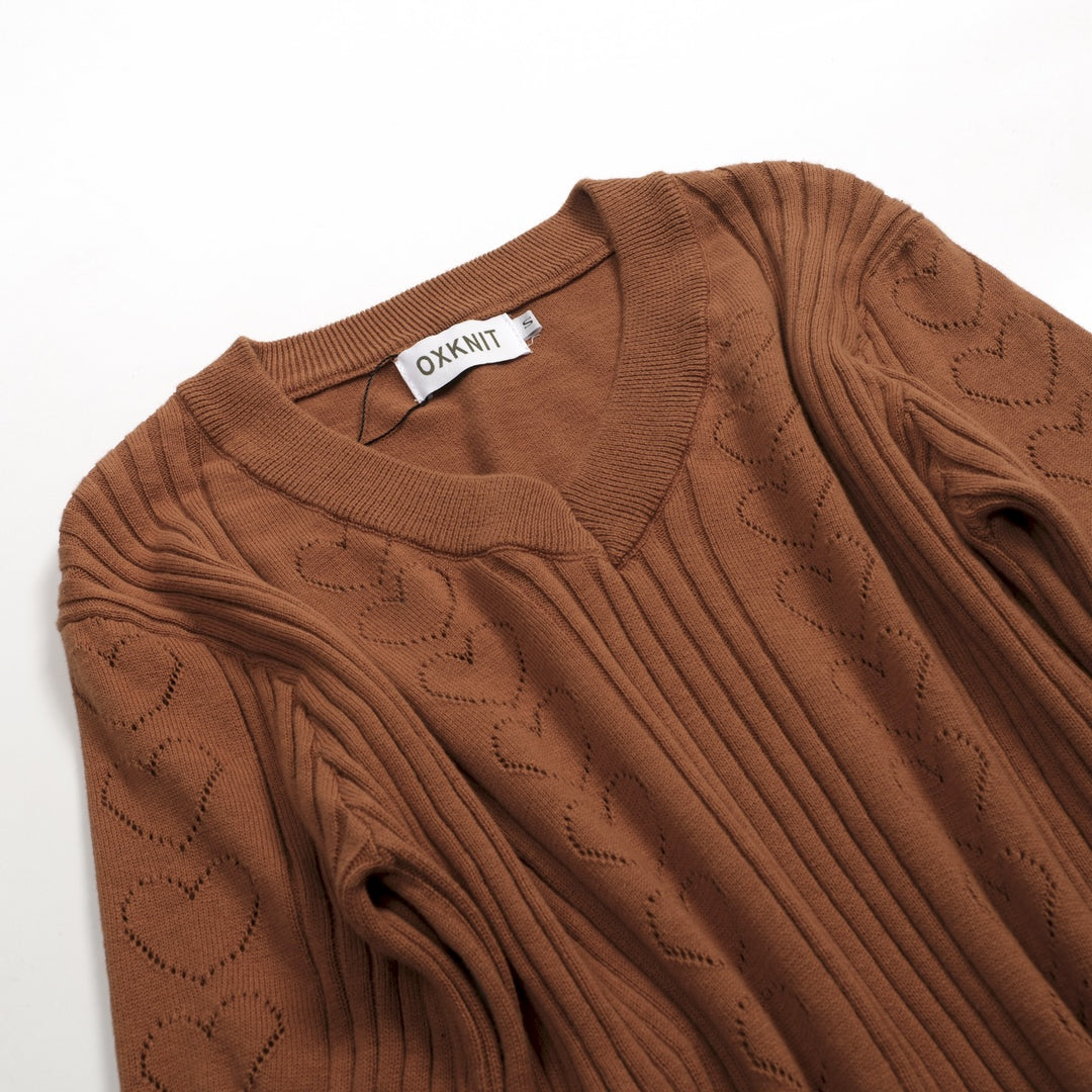 Women's brown vintage textured knit V-neck T-shirt