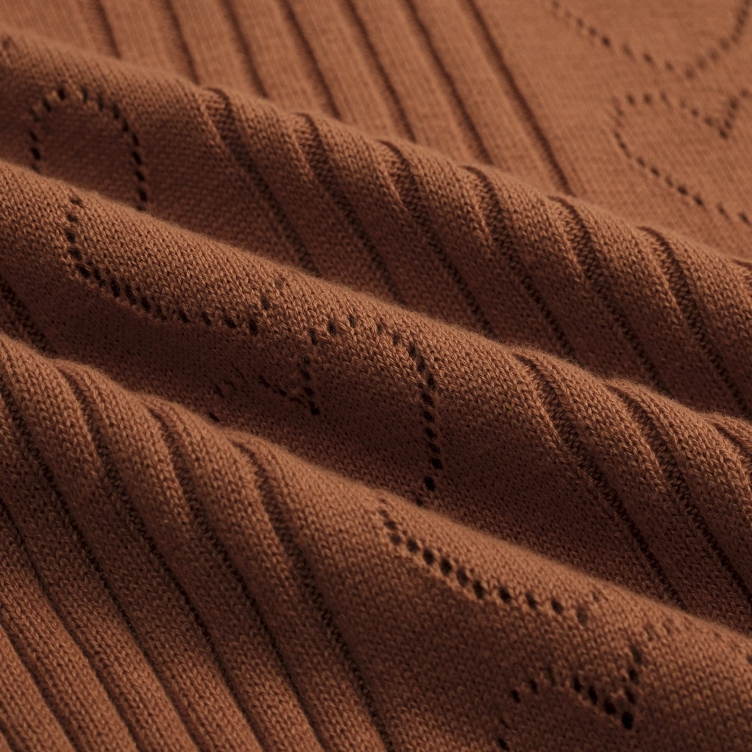 Women's brown vintage textured knit V-neck T-shirt
