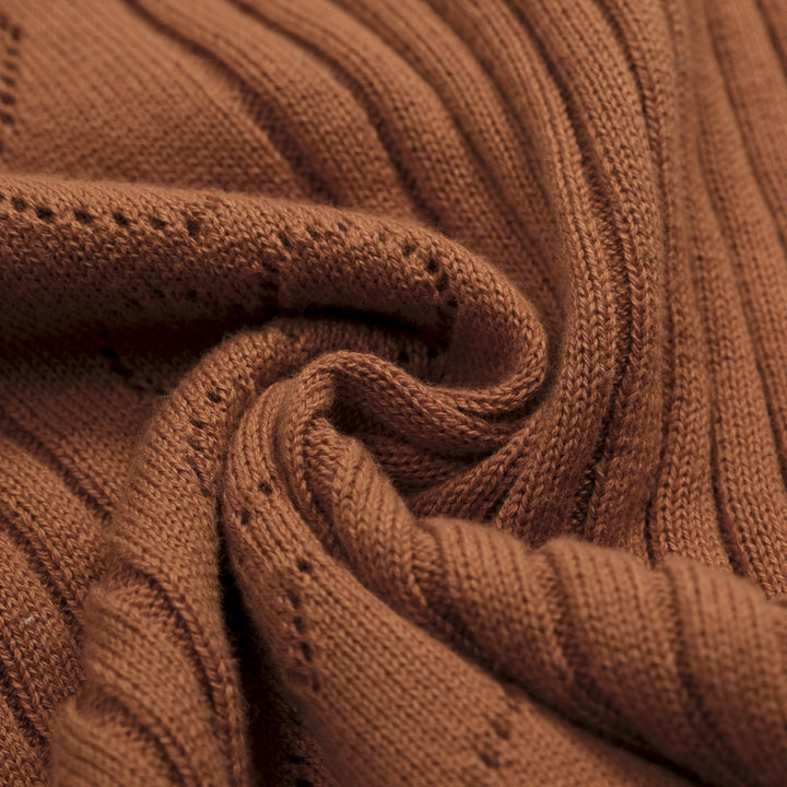 Women's brown vintage textured knit V-neck T-shirt