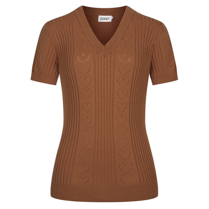 Women's brown vintage textured knit V-neck T-shirt