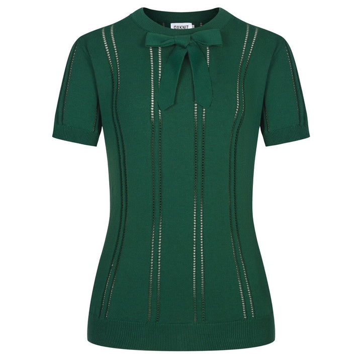 Women's green vintage lace-up knit summer T-shirt