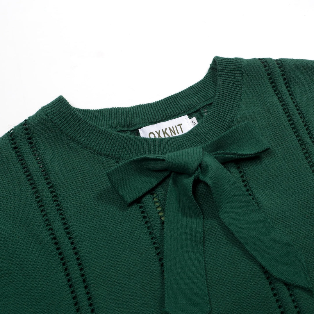 Women's green vintage lace-up knit summer T-shirt