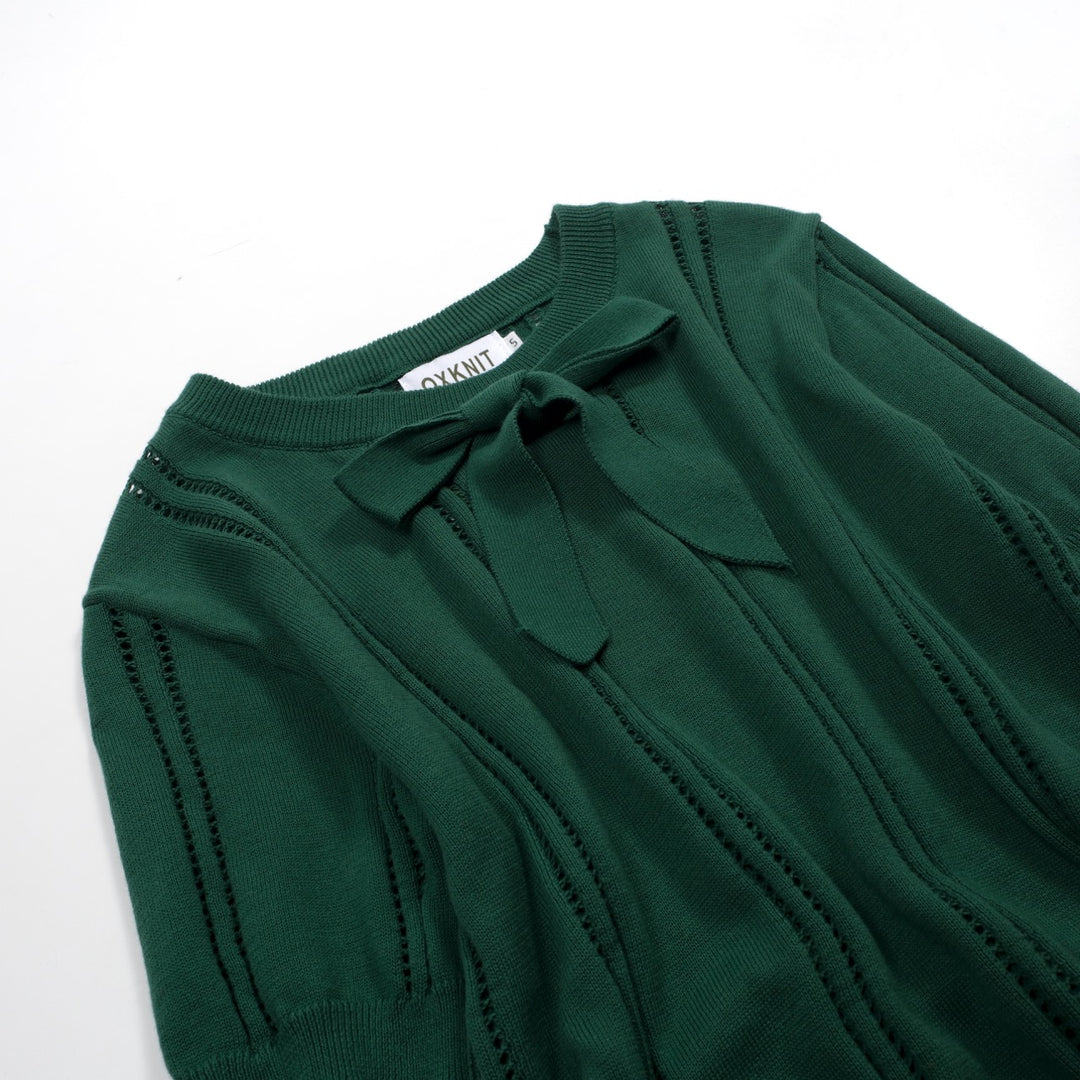 Women's green vintage lace-up knit summer T-shirt