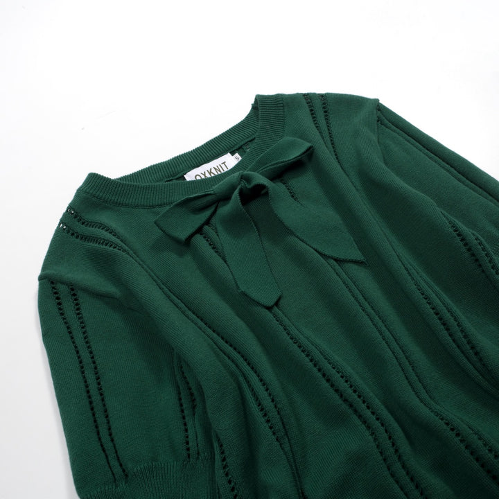 Women's green vintage lace-up knit summer T-shirt