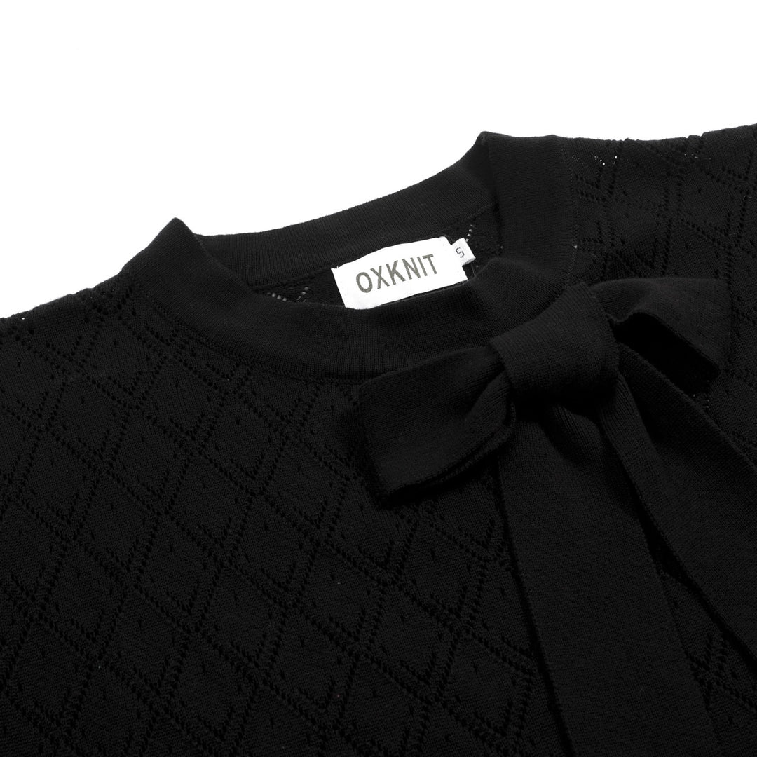 Women's black vintage knit lace-up summer T-shirt