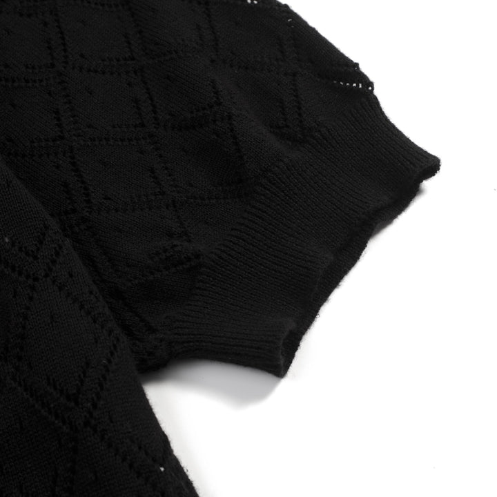 Women's black vintage knit lace-up summer T-shirt