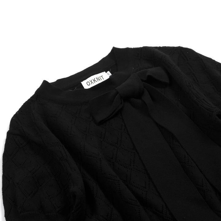 Women's black vintage knit lace-up summer T-shirt
