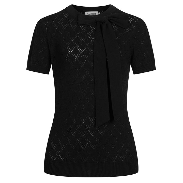 Women's black vintage knit lace-up summer T-shirt