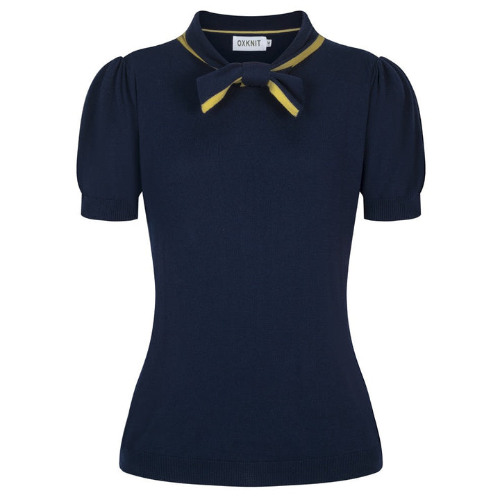 Women's dark blue vintage knit lace-up summer T-shirt
