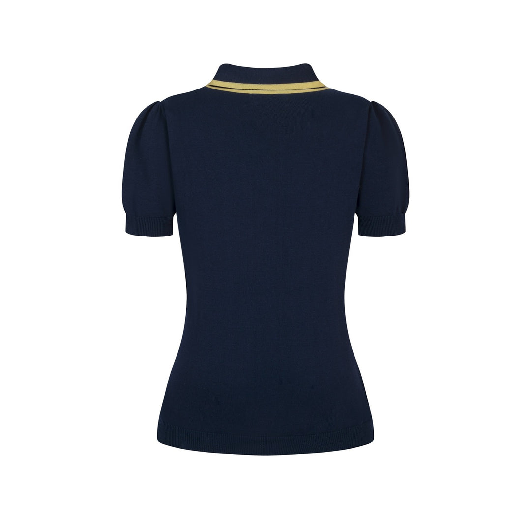 Women's dark blue vintage knit lace-up summer T-shirt