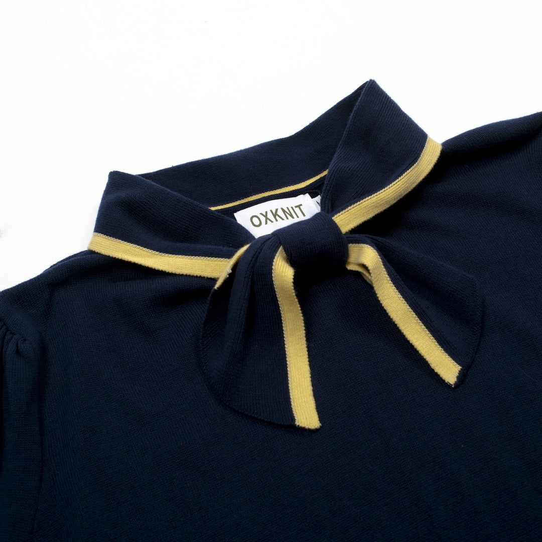 Women's dark blue vintage knit lace-up summer T-shirt