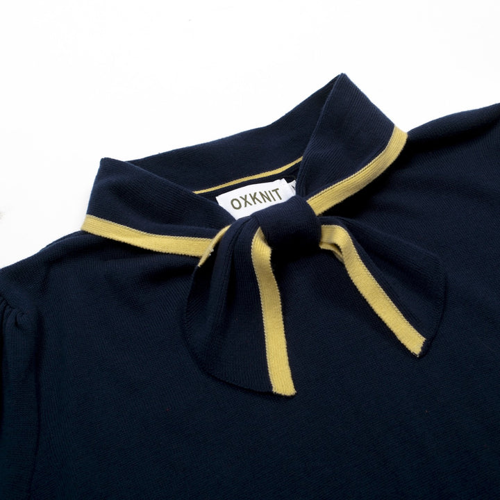 Women's dark blue vintage knit lace-up summer T-shirt