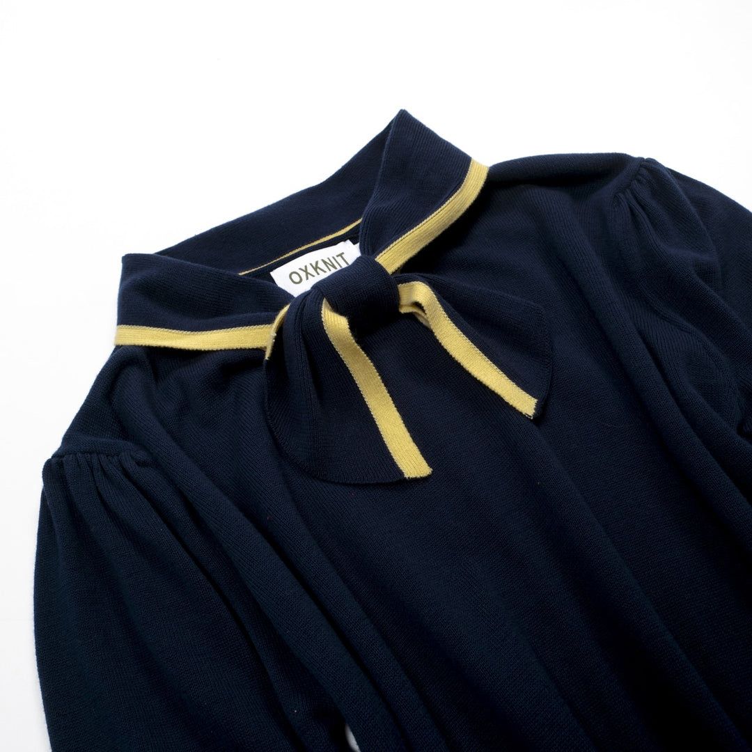 Women's dark blue vintage knit lace-up summer T-shirt