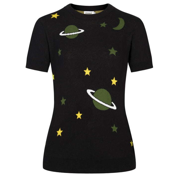 Women's black vintage jacquard Planet knit T-shirt
