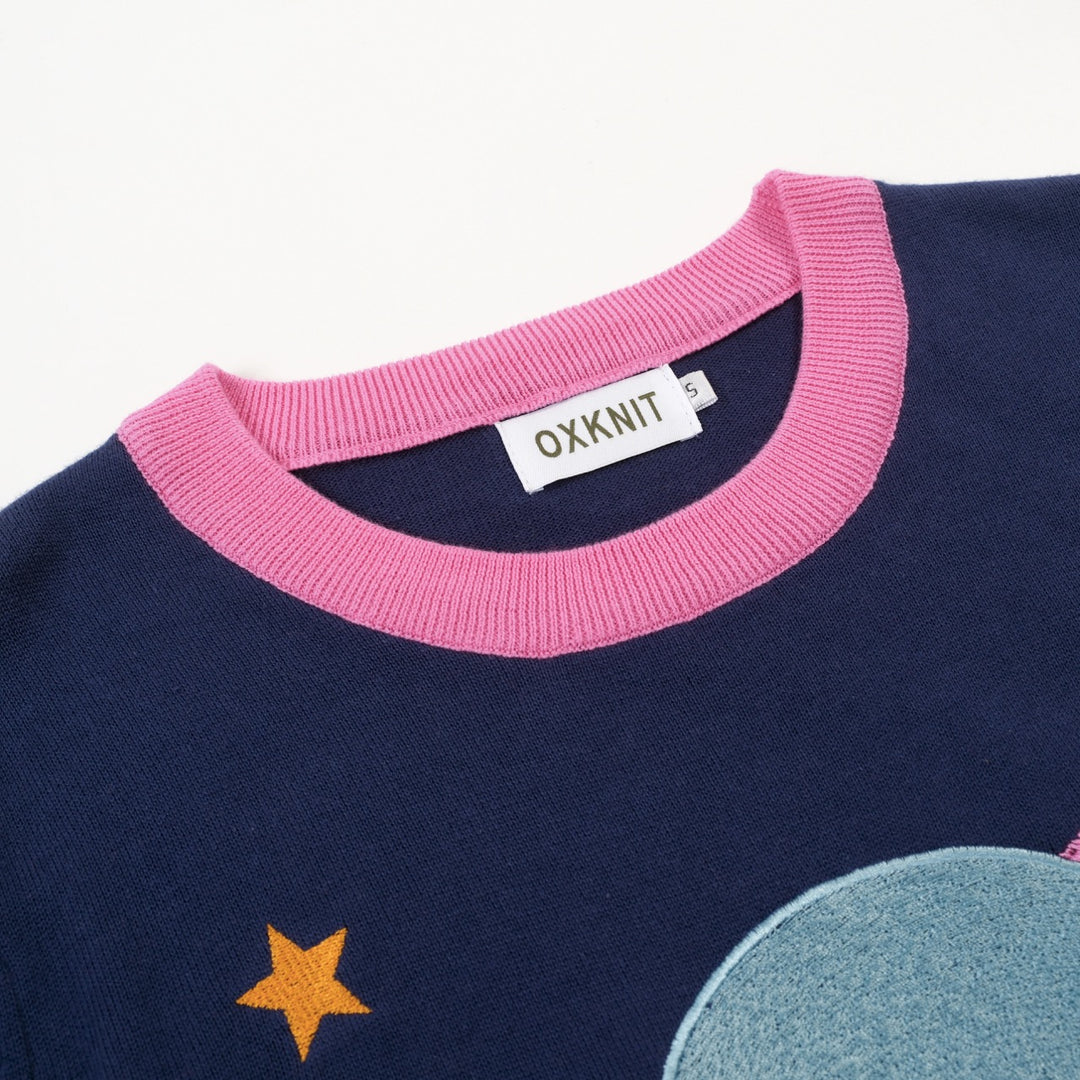 Women's dark blue Planet embroidery vintage knit T-shirt