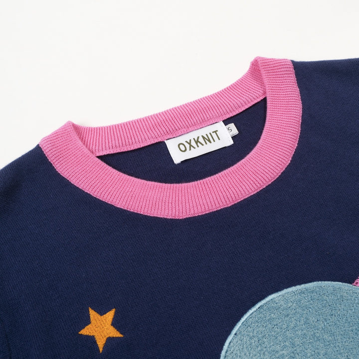 Women's dark blue Planet embroidery vintage knit T-shirt