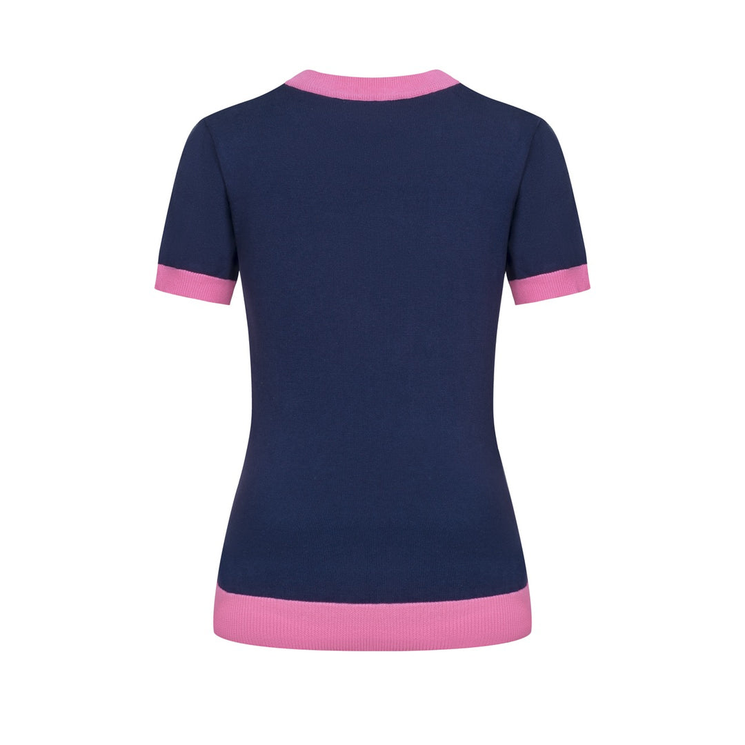 Women's dark blue Planet embroidery vintage knit T-shirt