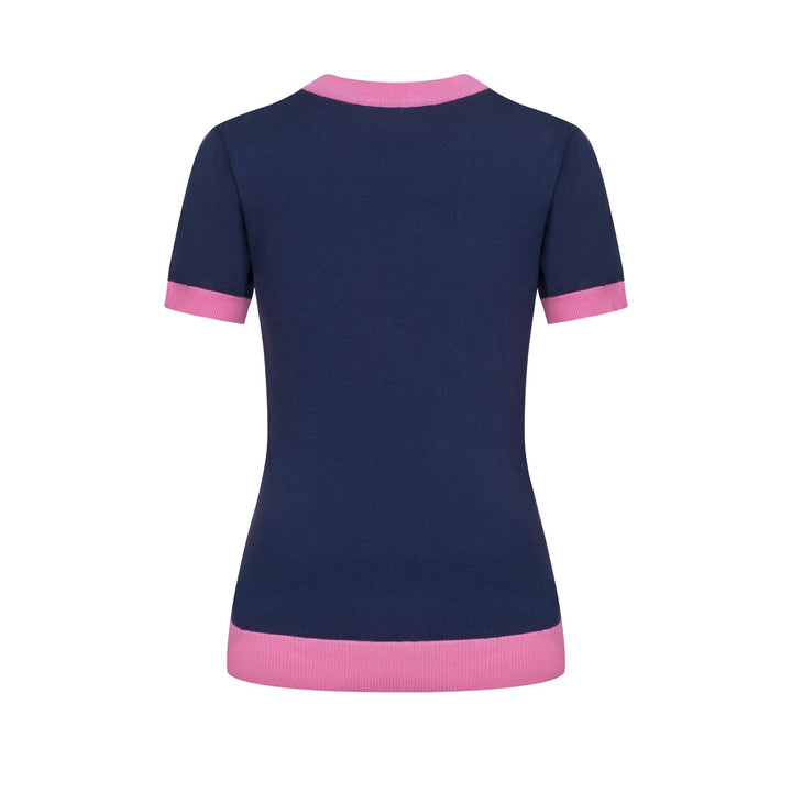 Women's dark blue Planet embroidery vintage knit T-shirt