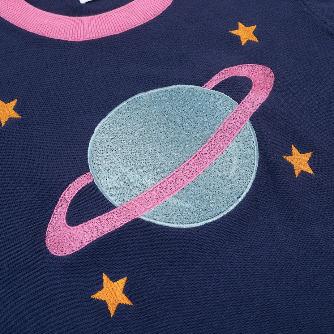 Women's dark blue Planet embroidery vintage knit T-shirt