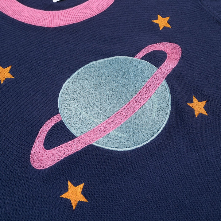 Women's dark blue Planet embroidery vintage knit T-shirt