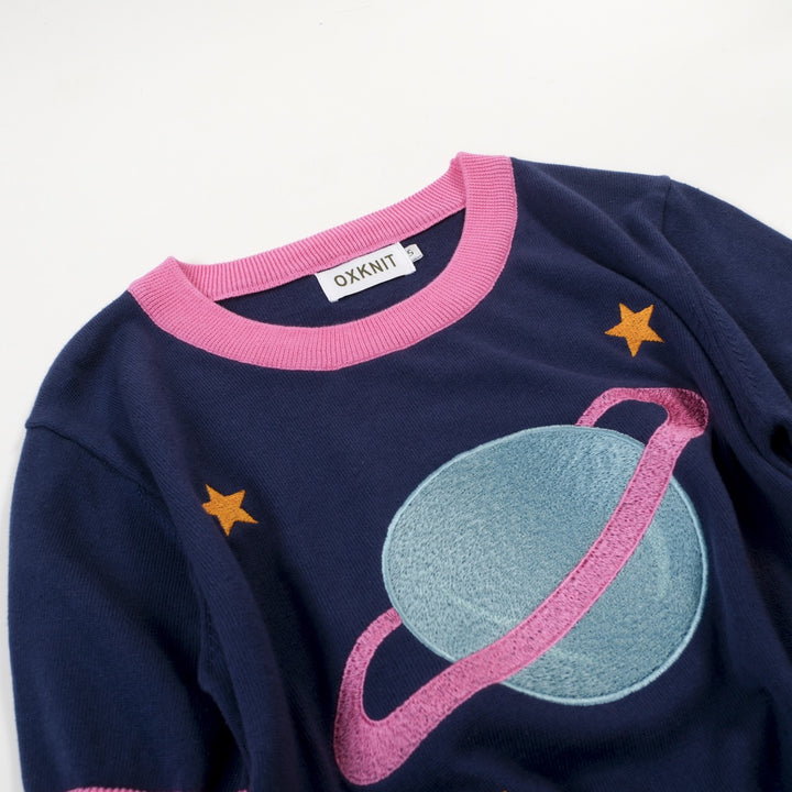 Women's dark blue Planet embroidery vintage knit T-shirt