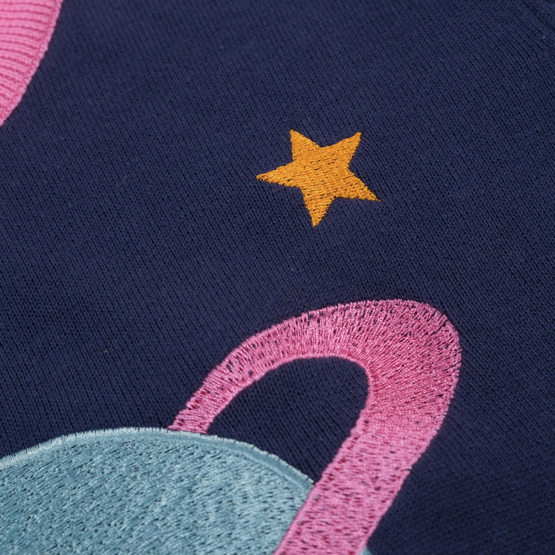 Women's dark blue Planet embroidery vintage knit T-shirt