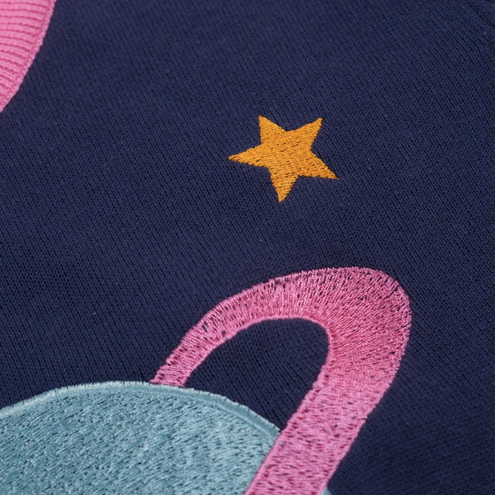 Women's dark blue Planet embroidery vintage knit T-shirt