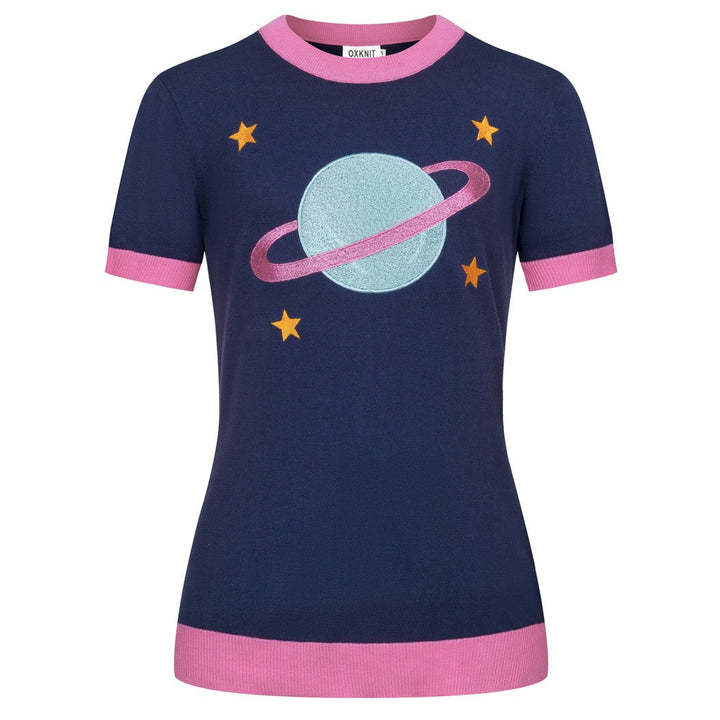 Women's dark blue Planet embroidery vintage knit T-shirt