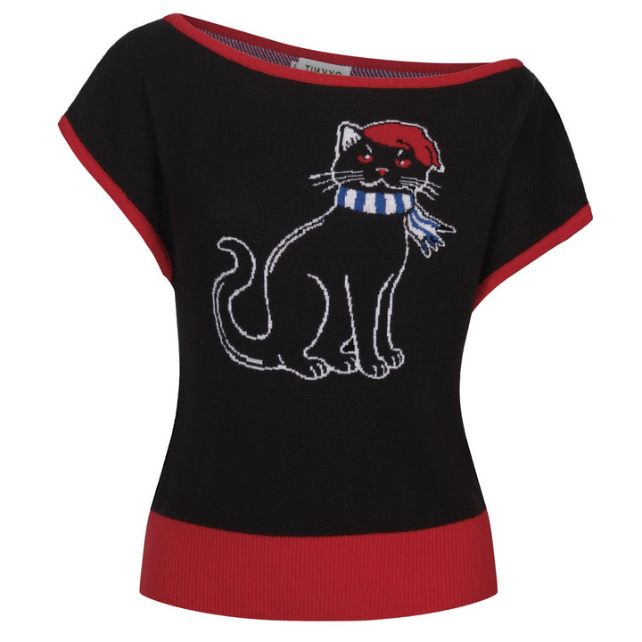 Women's Kitten Art Jacquard Knit Slant Shoulder T-Shirt - Cropped Length