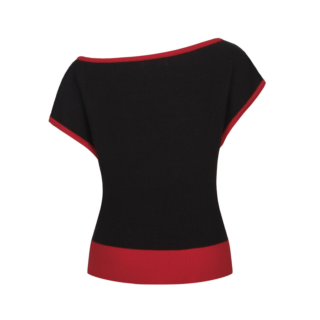 Women's Kitten Art Jacquard Knit Slant Shoulder T-Shirt - Cropped Length