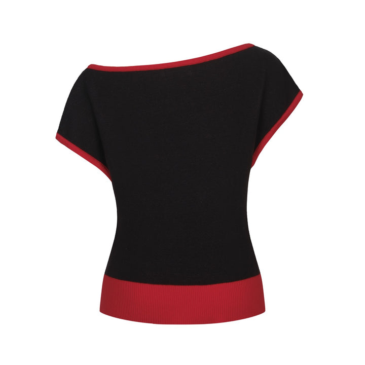 Women's Kitten Art Jacquard Knit Slant Shoulder T-Shirt - Cropped Length