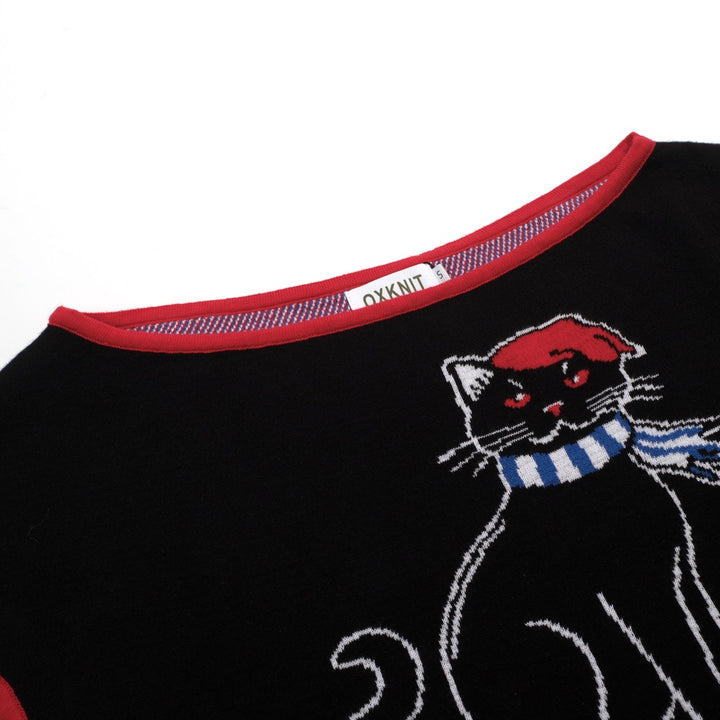 Women's Kitten Art Jacquard Knit Slant Shoulder T-Shirt - Cropped Length