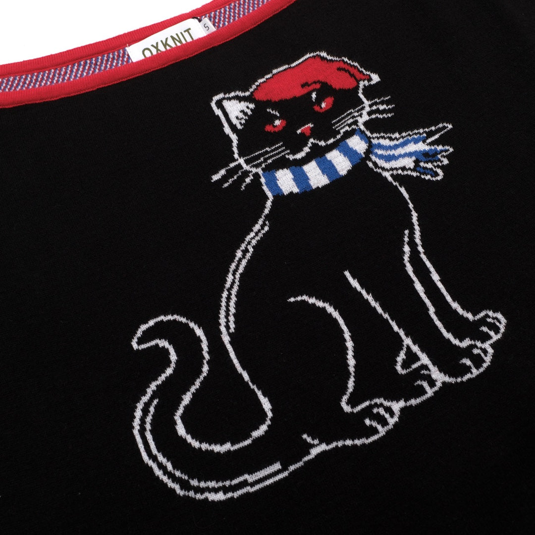 Women's Kitten Art Jacquard Knit Slant Shoulder T-Shirt - Cropped Length