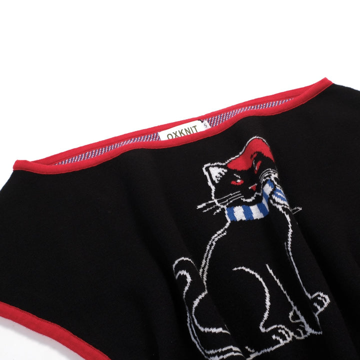 Women's Kitten Art Jacquard Knit Slant Shoulder T-Shirt - Cropped Length