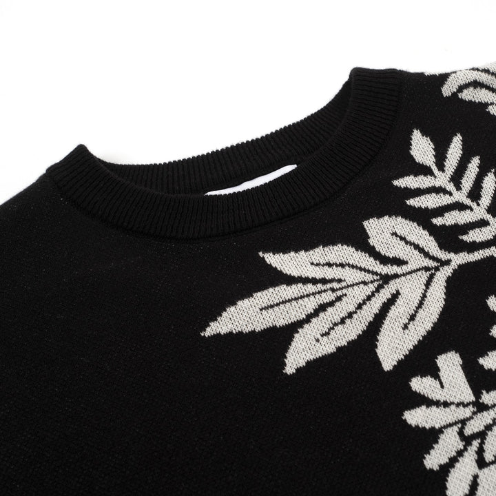 Women's black vintage plant jacquard knit summer T-shirt