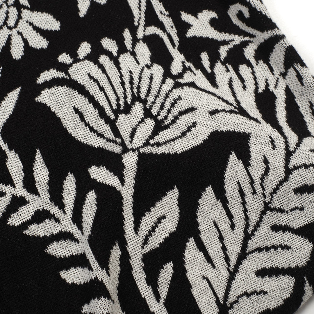 Women's black vintage plant jacquard knit summer T-shirt